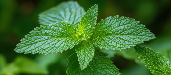 Lush green mint leaves showcasing intricate textures and vibrant color in a natural setting close-up.
