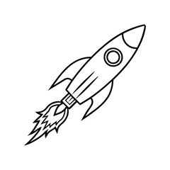 A stylized, black and white line drawing of a rocket launching.