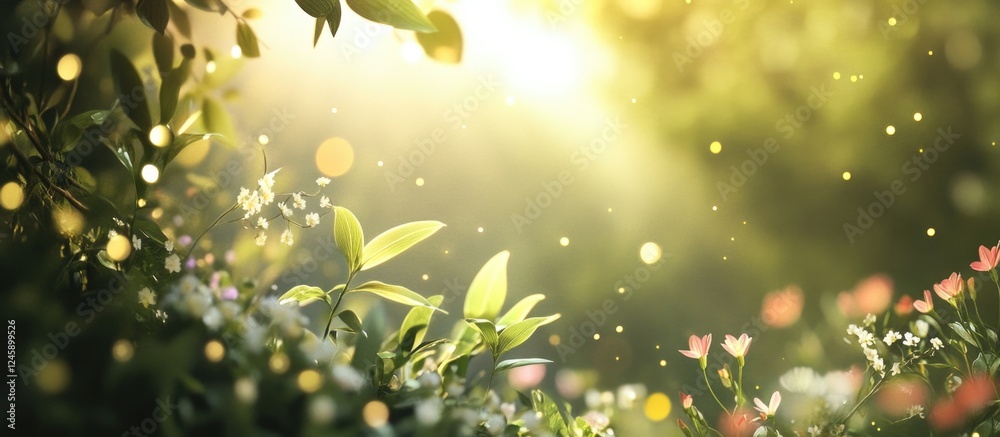 Wall mural serene natural bokeh background with soft focus light and lush greenery creating a tranquil atmosphe