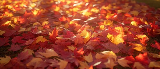 Vibrant autumn maple leaves creating a rich and colorful background on the forest floor
