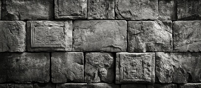 Monochrome texture of an ancient stone wall showcasing rugged bricks and historical engravings in black and white.