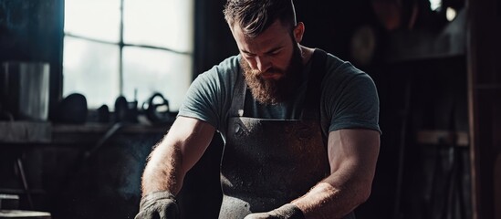 Blacksmith forging steel with intense focus in a vintage workshop setting creating a dramatic ambiance for text placement