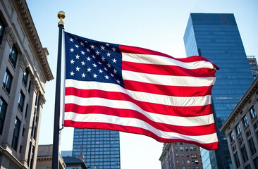 US flag in downtown against the backdrop of buildings in America.