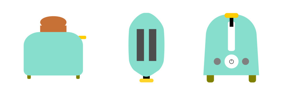 toaster icon, cions, icon set of electronics object kitchenware vector illustration front look, top look and side look 