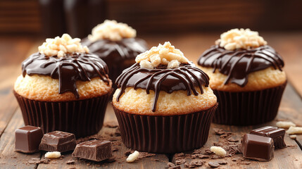 Chocolate drizzled cupcakes with walnut topping on wooden surface, showcasing gourmet bakery desserts with rich cocoa and nut garnish