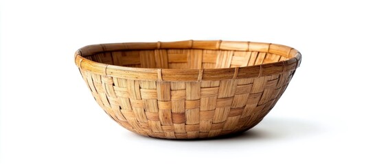 Obraz premium Bamboo wicker basket with natural texture displayed on a clean white background for versatile home dÃ©cor and storage use.