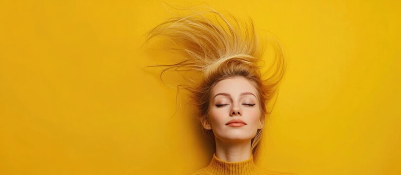 Blonde woman with creative hairstyle posing against vibrant yellow background with empty space for text and branding purposes