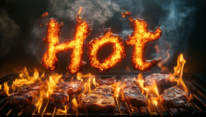 Hot, written in flames on a black background with meat on the grill. The text has a bold effect and is made of fire.