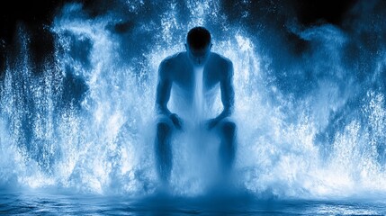 Fototapeta premium Silhouette of a Man Sitting Amidst a Dramatic Waterfall in Blue Light