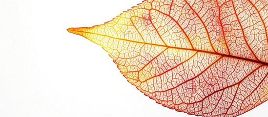 Obraz premium Translucent autumn leaf showcasing intricate details against a clean white background ideal for nature-themed projects and designs