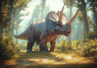 Fototapeta premium Triceratops in Vibrant Prehistoric Forest