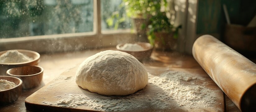 Ball of bread dough on a wooden cutting board surrounded by bowls of flour in a sunlit kitchen setting