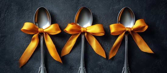 Three elegant spoons adorned with vibrant yellow ribbon bows arranged on a dark textured background for a sophisticated culinary presentation