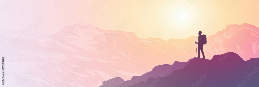 Poster hiker enjoying breathtaking mountain view at sunset with space for personal reflection and inspirati
