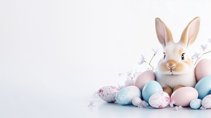 Obraz premium Cute rabbit surrounded by Easter eggs and fresh green leaves, symbolizing spring and renewal.