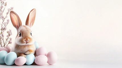 Obraz premium Minimalist holiday-themed image featuring a rabbit, decorated eggs, and soft natural lighting.