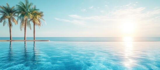 Stunning tropical beach view from a luminous pool showcasing palm trees and turquoise waters under a bright sun with space for text.