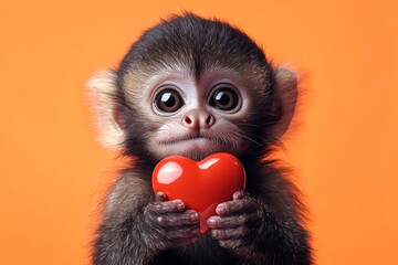 Commercial idea. Advertising idea. Cute capuchin baby with diamond red heart - sign of love, funny greeting card. Capuchin - my desired animal. Wild valentine's ideas. February love animals.