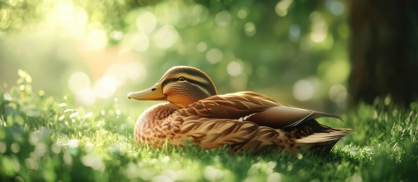 Closeup view of a female brown mallard duck resting on grass in a sunlit park setting, showcasing wildlife and nature's beauty.