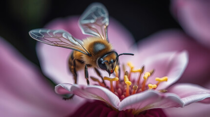 Fototapeta premium Macro photograph of a bee collecting nectar from a flower | generative AI