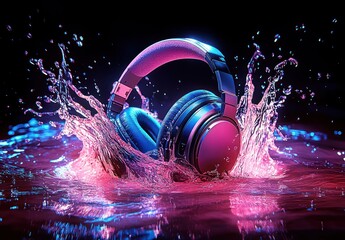 Headphones Neon Splash Vibrant Colors 80s Electronic Dance Music Retro Style