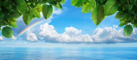 Vibrant blue sky with fluffy clouds and a rainbow over calm sea framed by lush green leaves with space for customizable text.