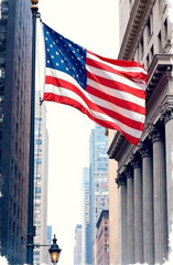 US flag in downtown against the backdrop of buildings in America.