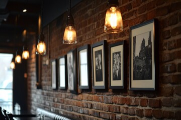 Exposed brick wall cafe interior, pendant lights, framed photos