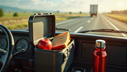 Truck cabin scene, enjoying lunch with sandwiches and thermos, apple