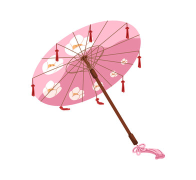 Traditional Japanese umbrella, wagasa. Chinese sunshade, pink Asian parasol with sun protection. Asia brolly with sakura of japan culture. Flat isolated vector illustration on white background