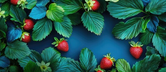 Vibrant blue strawberry plants with lush foliage and empty copyspace for text ideal for gardening or nature themed designs