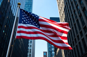 US flag in downtown against the backdrop of buildings in America.