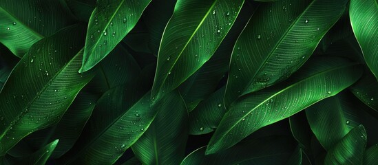 Obraz premium Green leaf texture with water droplets close-up after rain for nature themed banners or backgrounds with ample copy space for design purposes