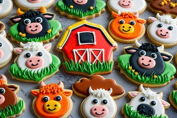 Naklejka premium Colorful Farm Animal Cookie Decorations Featuring Cheerful Livestock Designs