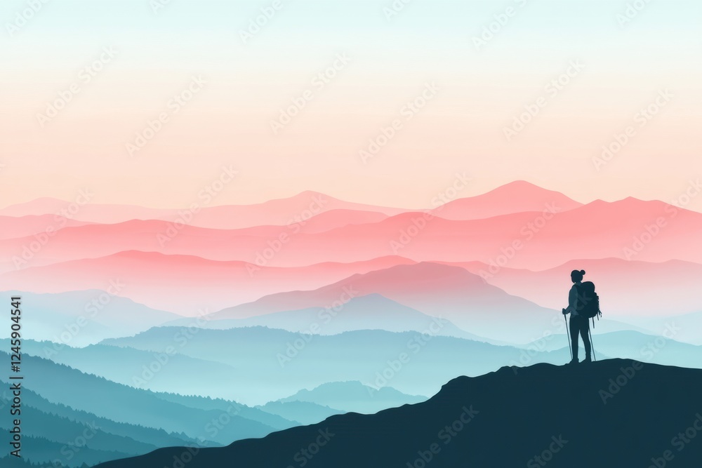 Poster hiker stands on a mountain ridge enjoying expansive views at sunset. generative ai