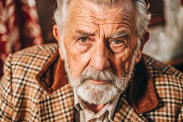 Studio portrait of a stylish, elegant elderly man, 70 years old, in a checkered jacket in brown tones. The concept of the elderly.