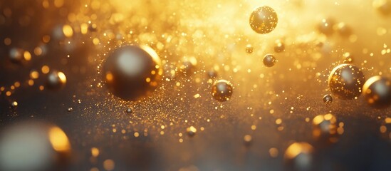 Golden Bokeh Light Abstract Background with Floating Spheres and Sparkling Dust for Elegant Design and Creative Projects