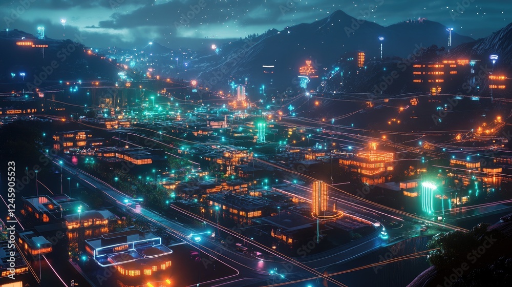 Poster A vibrant futuristic city at night with glowing lines and data points connecting homes and infrastructure, depicting a smart city's efficient energy use and monitoring system.