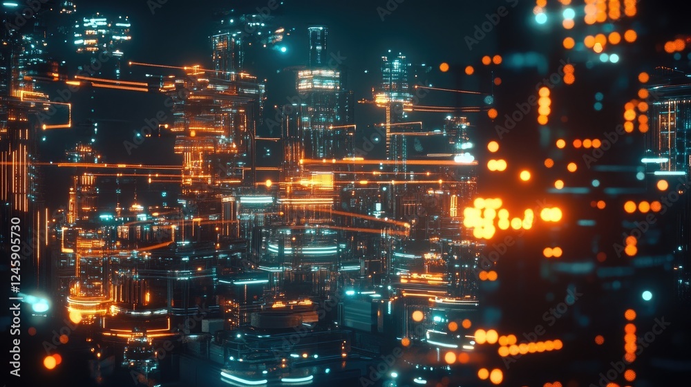 Poster A vibrant futuristic city at night with glowing lines and data points connecting homes and infrastructure, depicting a smart city's efficient energy use and monitoring system.