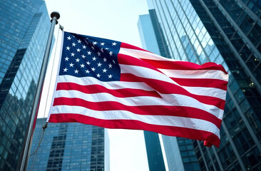 US flag in downtown against the backdrop of buildings in America.