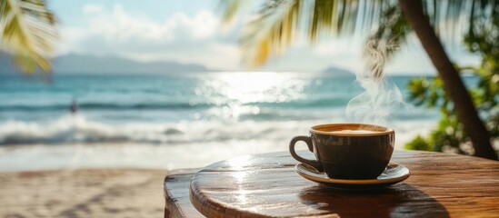 Black coffee Americano on a wooden table with ocean view at Ao Yon Beach Phuket Thailand in a vibrant cafe setting.