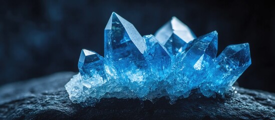 Obraz premium Blue Quartz Crystal Cluster Glimmering on Dark Background Natural Mineral Beauty