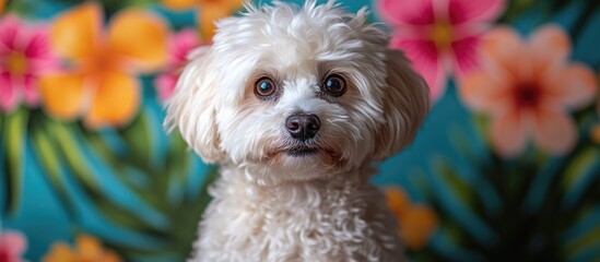 Bichon Frise dog portrait with Hawaiian floral background promoting pet care and spaying neutering awareness.