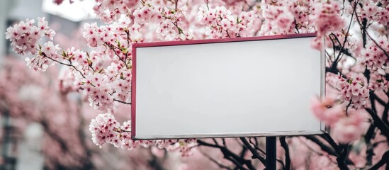 Obraz premium Billboard framed by cherry blossoms with ample space for custom advertising or promotional messaging in a serene natural setting