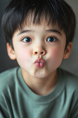 Close-up of a young boy blowing up his cheeks and looking directly at the camera