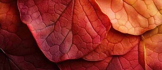Fototapeta premium Close-up of vibrant autumn leaves showcasing intricate textures and rich colors in warm tones for seasonal nature visuals.