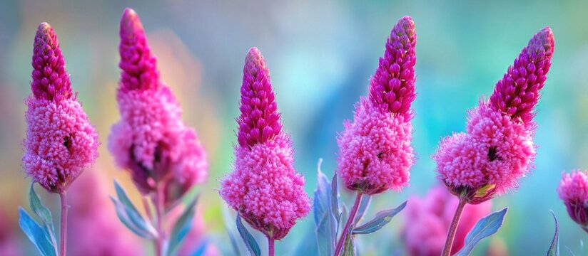 Magenta Cockscomb Celosia cristata flowers in vibrant colors with a soft blurry blue-green background showcasing natural beauty and detail