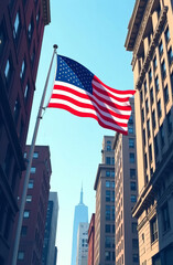 US flag in downtown against the backdrop of buildings in America.