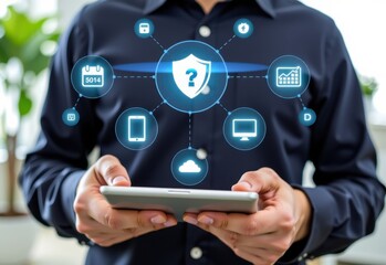 The image depicts a person holding a tablet in a modern office setting The tablet screen displays a futuristic interface with a central glowing padlock icon surrounded by various digital symbols