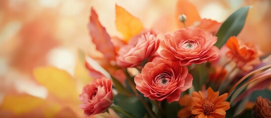 Obraz premium Elegant autumn floral arrangement featuring vibrant red flowers and autumn leaves in a soft, warm background setting.